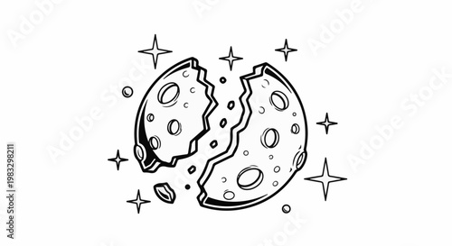 Cracking planet with glowing stars and orbiting spheres