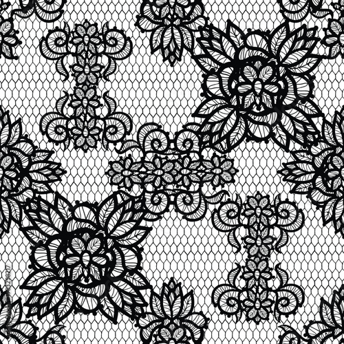 Elegant lace floral seamless pattern vector illustration in black and white, featuring a repeating textile design with intricate flowers and net elements