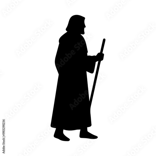 Adult man shepherd with long stick silhouette on white background