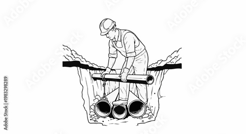 Construction worker installing pipes in a trench
