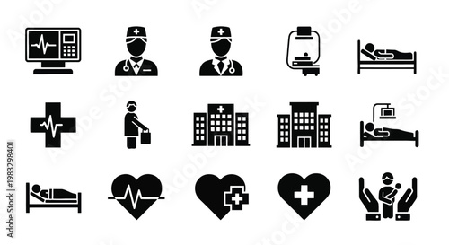 Healthcare and medical icons set representing various aspects of patient care