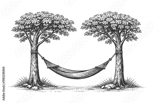 Bild auf Leinwand Hand drawn hammock hanging between two trees vector illustration in vintage woodcut style, relaxing summer vacation and outdoor leisure time concept