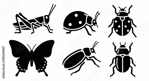 Set of Black Insect Silhouettes: Bugs, Butterfly, Ladybug, Grasshopper, Beetle Icons