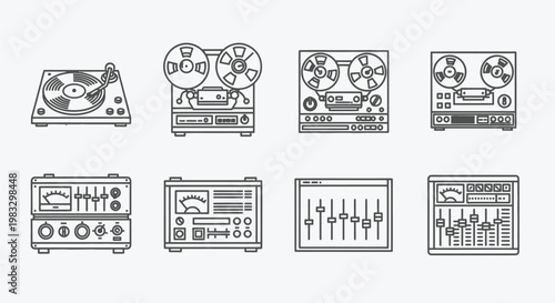Line art illustration of vintage audio equipment and amplifiers