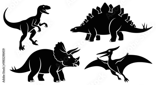 Set of Dinosaur Silhouettes: Velociraptor, Stegosaurus, Triceratops, and Pterodactyl