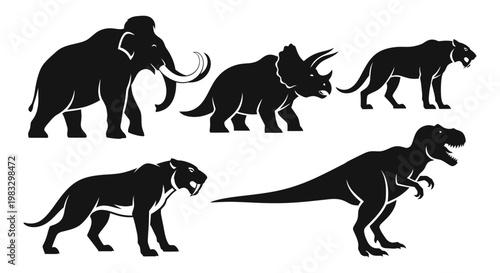 Set of Prehistoric Animal Silhouettes: Dinosaurs and Extinct Mammals
