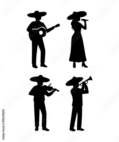 Mariachi band musicians playing instruments and singing silhouette