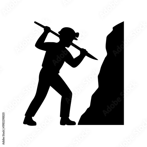 Miner working and digging with tool silhouette