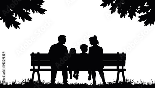 Silhouetted family sitting on a bench in a park on sunny day. International Day of Families  