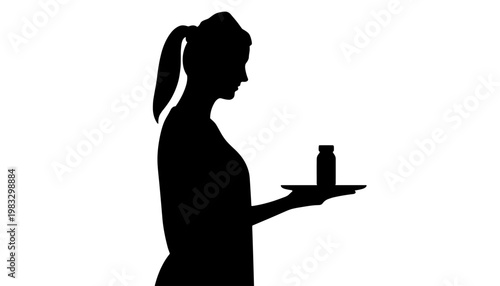 Woman holding a tray with a bottle in silhouette against white background. International Nurses Day  
