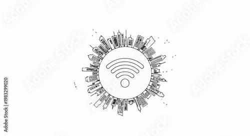 Circular city skyline embracing a central Wi-Fi signal icon