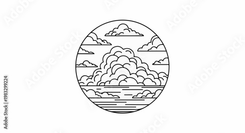 Circular line art depicting a dense cumulus cloud formation over water