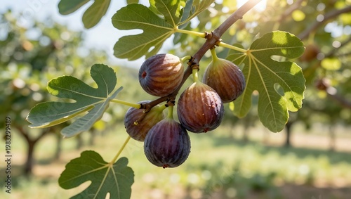 Ripe purple figs hanging from a tree branch with green leaves in a sunny orchard  fresh healthy food