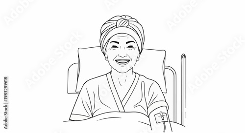 Cheerful woman in hospital bed wearing headscarf receiving treatment