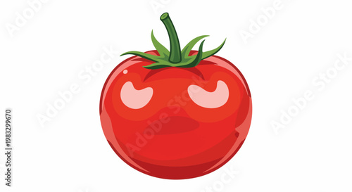 Bright red, stylized cartoon tomato with green stem and leaves, heart-shaped highlights