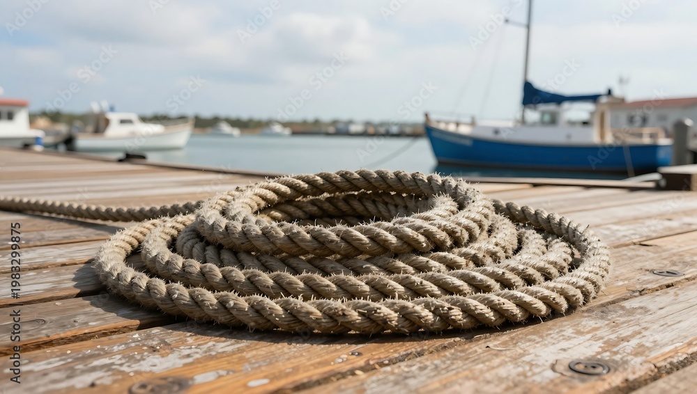 Fototapeta premium Coiled rope on wooden dock with boats in the background by the water nautical scene with cloudy sky