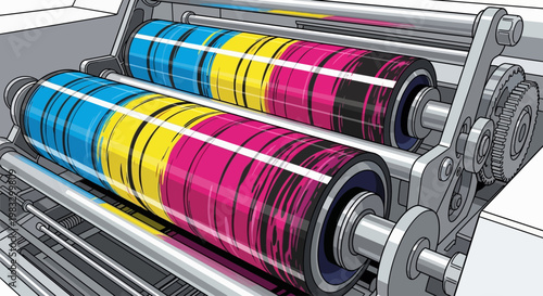 Industrial printer color ink rollers machine.