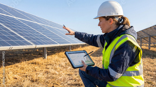 Female engineer inspecting solar panels with digital tablet in sunny field.
