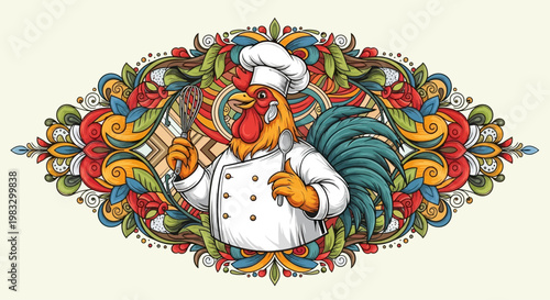 Rooster Wearing Chef Hat Illustration.