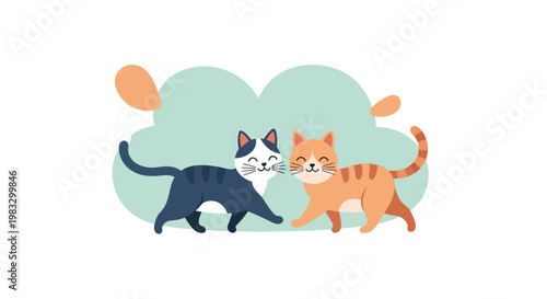 Two Cute Cartoon Cats Walking Together.