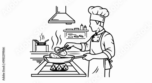 Chef prepares food in a kitchen on a stove with a frying pan and utensils