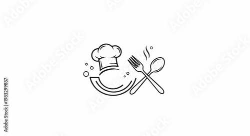 Chef's hat and crossed cutlery with steaming element and bubbles