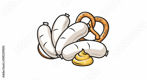 Cartoon style white sausages with a pretzel and mustard dollop