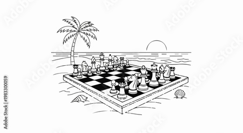 Chess game set up on a beach with a palm tree and sunset