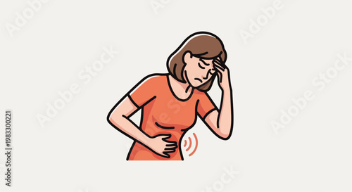 Cartoon woman in orange shirt holds stomach, looks pained, hand on head
