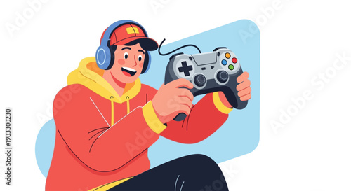 Young man playing video games enthusiastically.