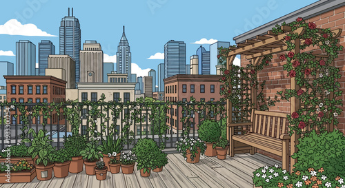 Potted plants on a rooftop garden.