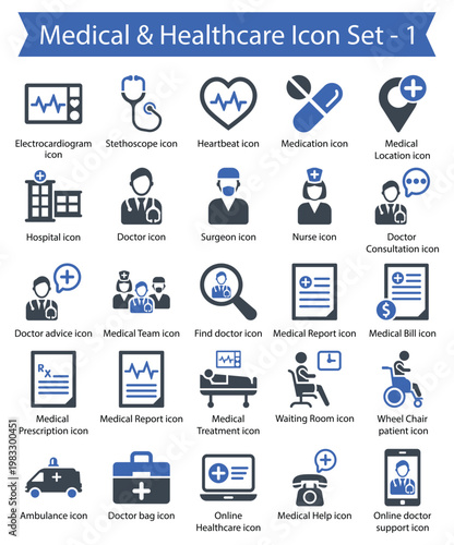Medical and Healthcare icon set featuring hospital, doctor, medication, nurse, and healthcare symbols for web, app, and infographic use