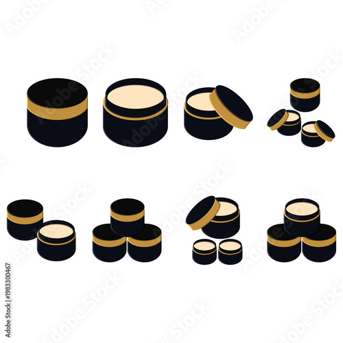 Black and gold cosmetic jar mockups with cream, luxury skincare packaging 3D vector set