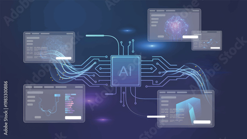 Central AI processor chip with glowing circuit lines and floating data interface windows