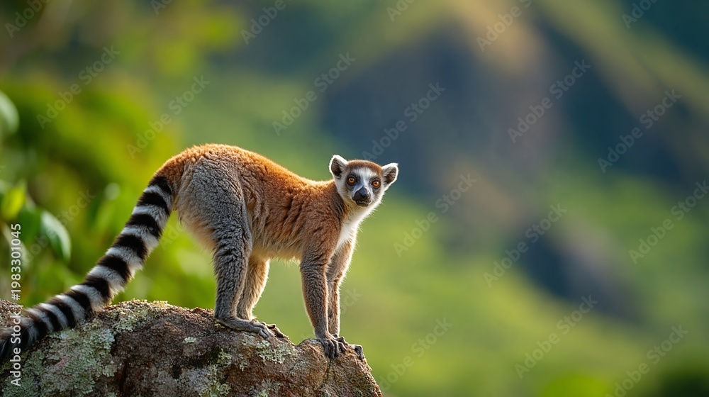Fototapeta premium Ring-tailed lemur standing on a rock with a blurred green background, showcasing its distinctive striped tail and curious expression in a natural habitat