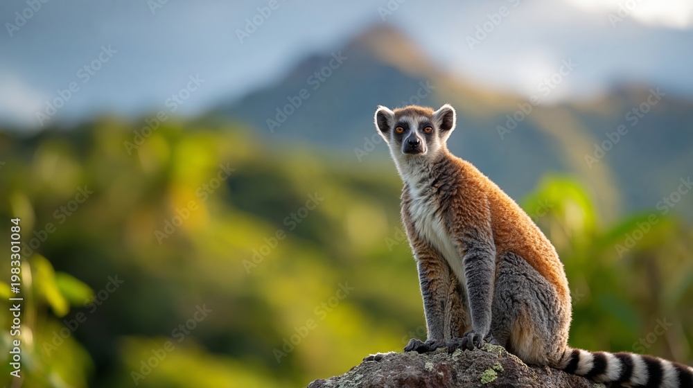Fototapeta premium Ring-tailed lemur perched on a rock with a blurred green landscape and mountains in the background, showcasing its distinctive striped tail and curious expression