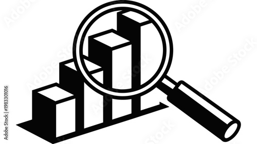Geometric magnifying glass examining 3D bar graph – Great for market research, SEO analytics, or corporate strategy materials.