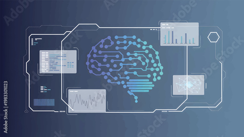 Digital brain with circuit board patterns, data charts, and an interface HUD artificial intelligence