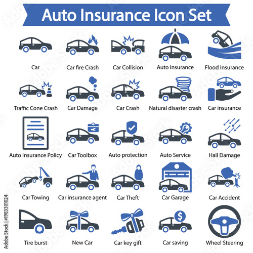A comprehensive auto insurance icon set featuring car, accident, damage, and protection symbols for use in infographics, presentations, and websites.