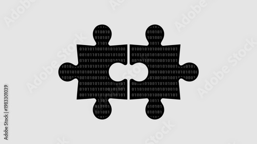 Two interlocking puzzle pieces with binary code pattern – Ideal for data integration, software mergers, or digital partnership content.