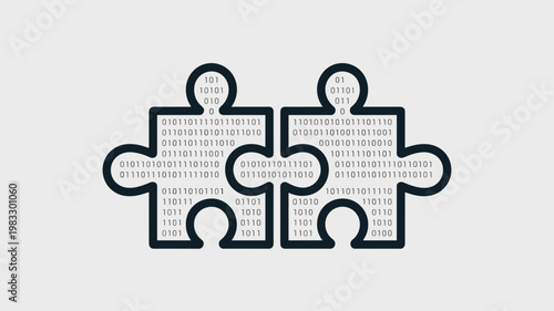 Outlined puzzle pieces joining with binary data flow – Perfect for cloud computing, system synchronization, or tech teamwork themes.