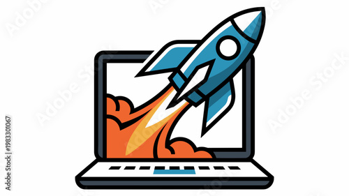 Blue rocket launching from charcoal laptop display – Great for venture capital, product releases, or digital transformation.