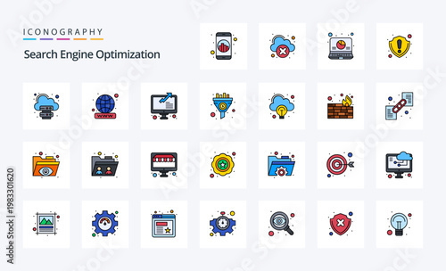 A comprehensive set of search engine optimization icons featuring symbols for analytics, ranking, and online marketing, designed in a flat style for use in web, app, and infographic projects.