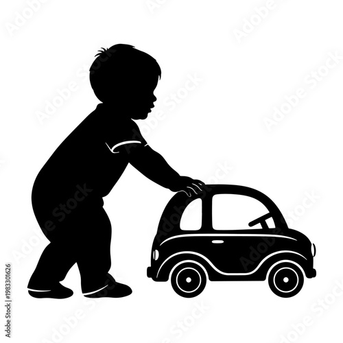 Photos Silhouette of a toddler pushing a toy car, symbolizing childhood play and early development
