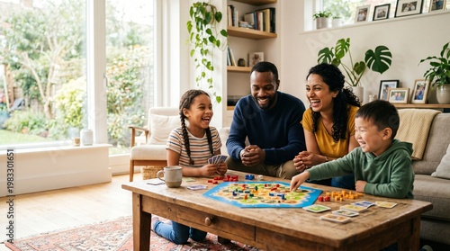 Happy diverse family playing board game together in a cozy living room at home