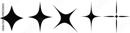 A series of five black abstract starburst shapes, varying in size and point complexity, against a white background.