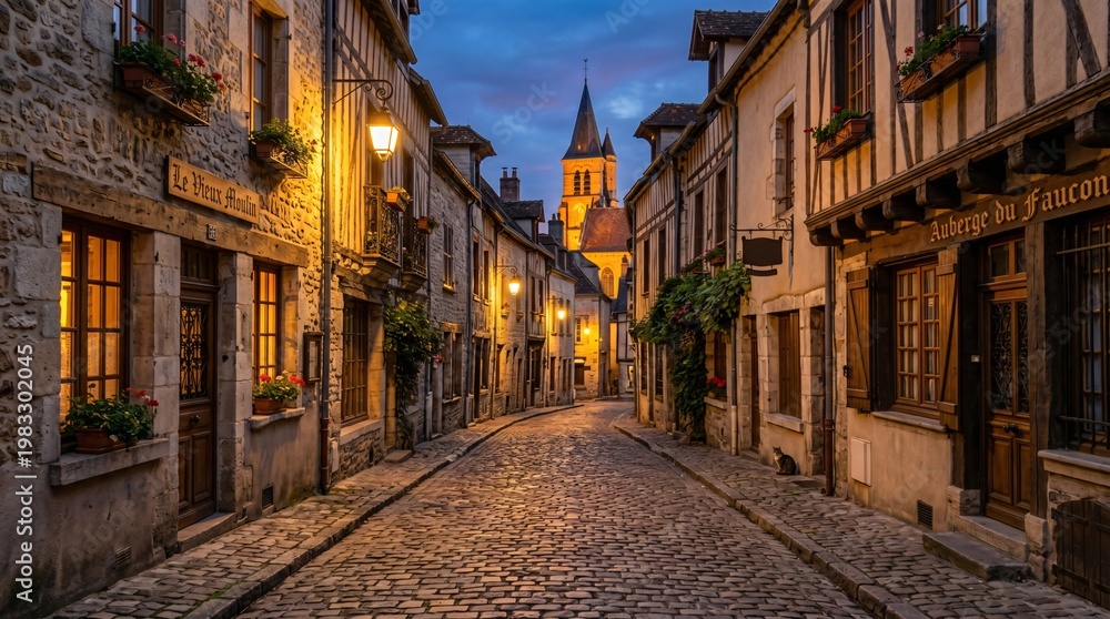 Fototapeta premium Picturesque cobblestone street with traditional half-timbered houses in an old European town at twilight
