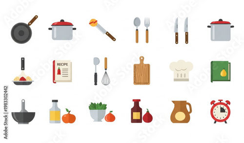 
Cooking icon set vector with kitchen utensils and recipe elements in flat minimal design