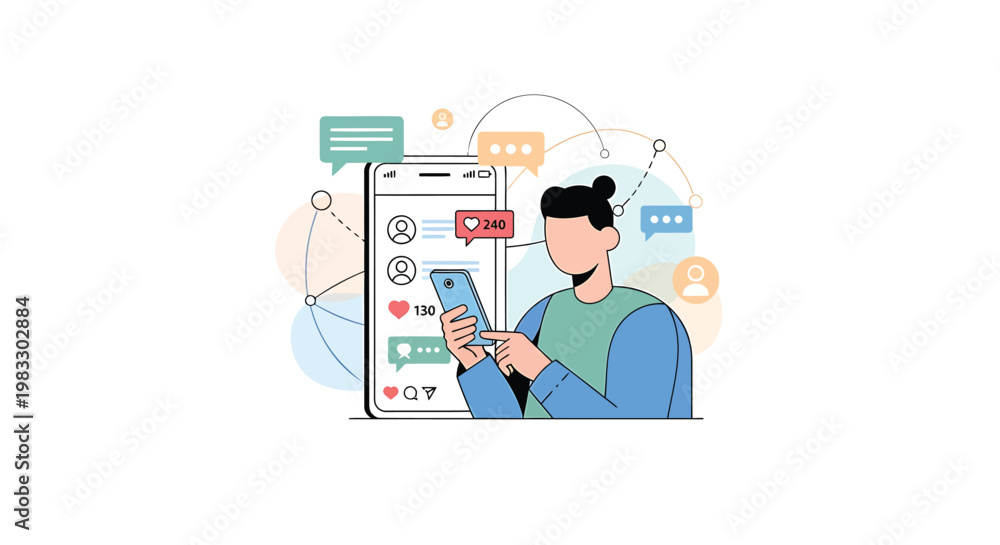 Fototapeta premium Flat design man using smartphone, mobile app icons, social media symbols, modern technology