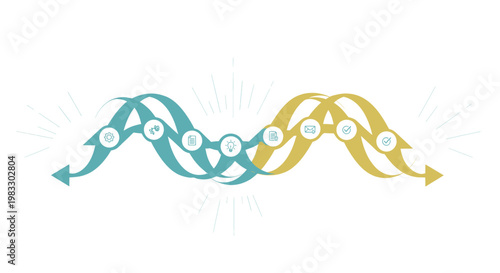 Abstract wavy arrows forming a DNA helix pattern with interconnected circles and radiating light beams